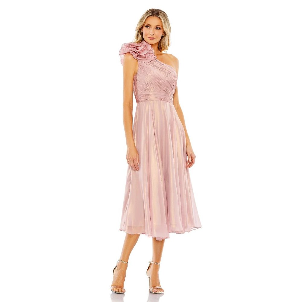 Mac Duggal Rosette One Shoulder Tea Length Midi Dress in Rose Size 0